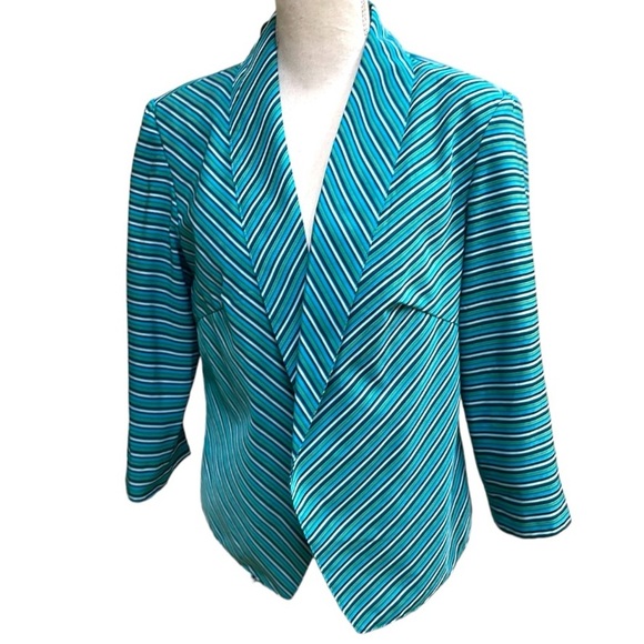 Lavender & Honey Striped Open Front Blazer Asymmetrical Jacket Teal Green Blue - Picture 1 of 6